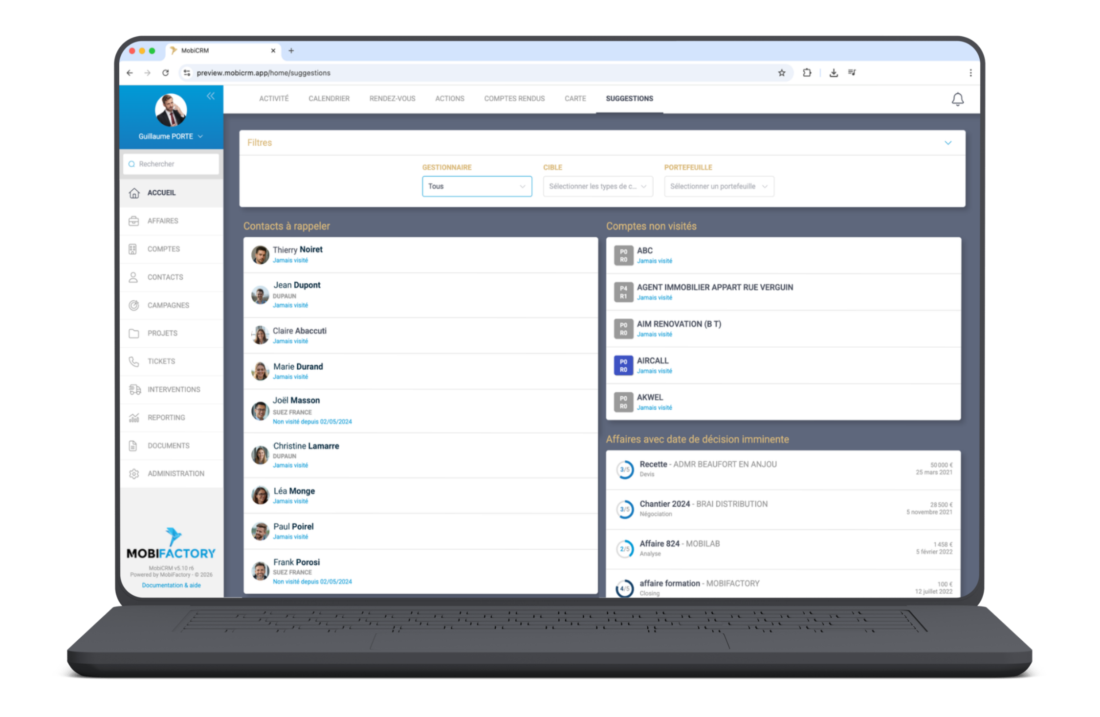 Onglet avec contacts à rappeler, comptes non visités et affaires avec date de décision imminente