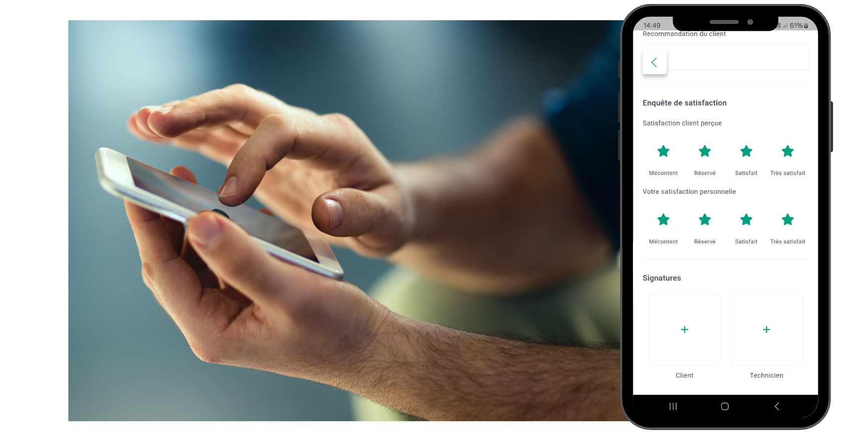 Capture d'écran de la satisfaction du client et du technicien dans un compte rendu d'intervention sur l'app MobiTech.