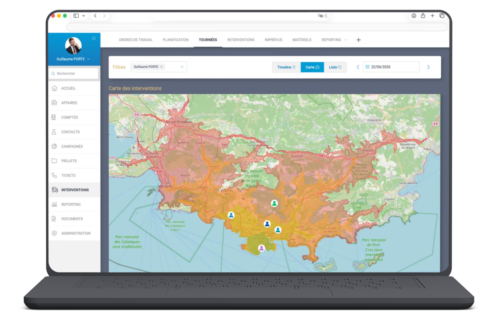 Cartographie isochrones des différents temps de trajets qui relient les techniciens au lieu de l'intervention